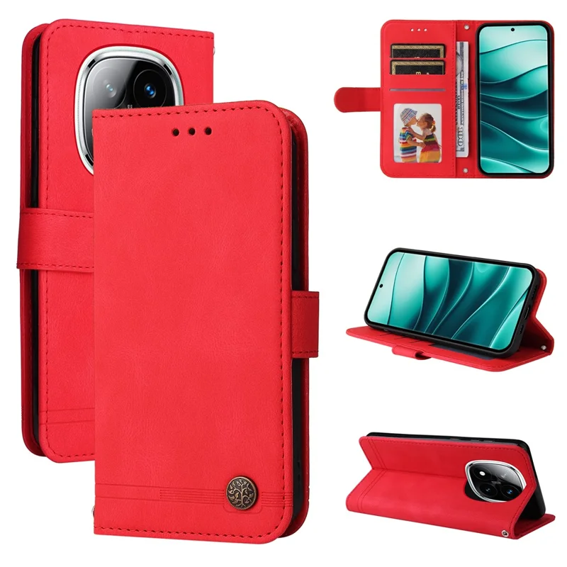 Etui portfelik z klapką z błękitnej skóry syntetycznej z funkcją podpórki i paskiem do ręki dla Xiaomi Redmi Note 14 Pro+ 5G / Note 14 Pro 5G / Poco X7 5G - Czerwony
