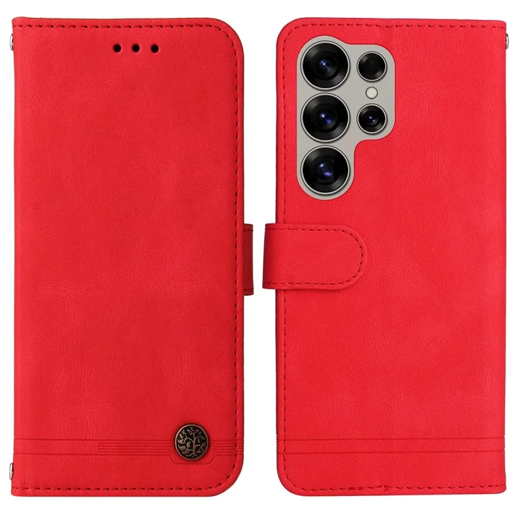 Für Samsung Galaxy S25 Ultra Wallet Case Skin-Touch Leather Phone Cover Baum-Muster Hardware - Rot