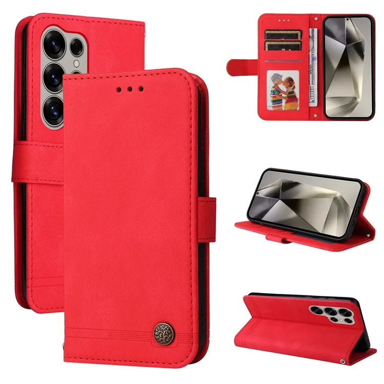 Für Samsung Galaxy S25 Ultra Wallet Case Skin-Touch Leather Phone Cover Baum-Muster Hardware - Rot