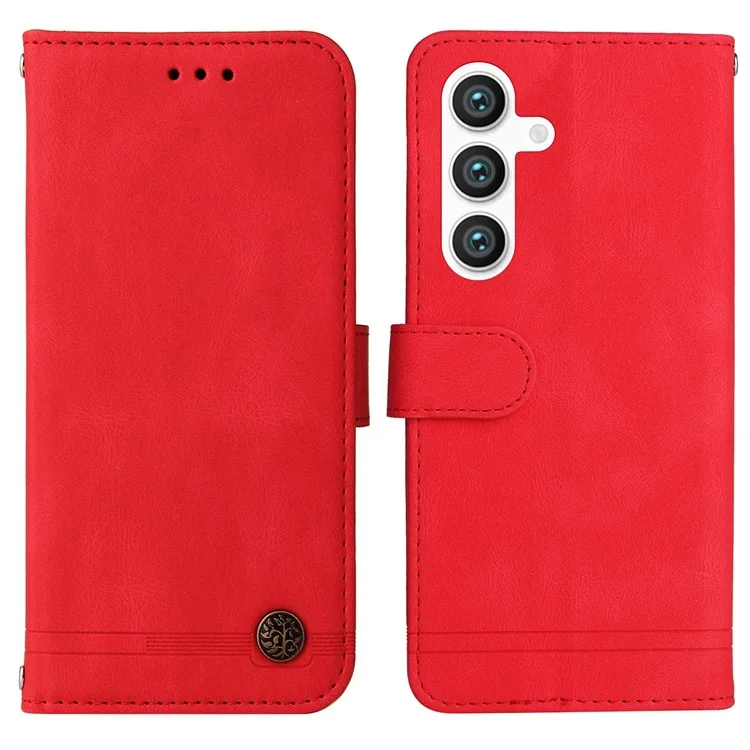 For Samsung Galaxy S25 Wallet Case Skin-Touch Leather Phone Cover Tree Pattern Hardware - Rot