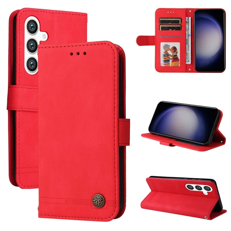 For Samsung Galaxy S25 Wallet Case Skin-Touch Leather Phone Cover Tree Pattern Hardware - Rot