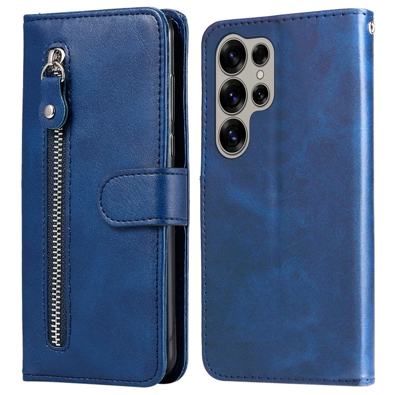 For Samsung Galaxy S25 Ultra Case Zipper Wallet Calf Texture PU Leather Phone Cover - Blue