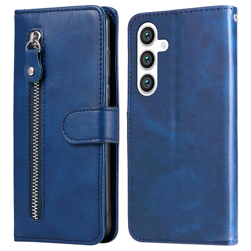 Voor Samsung Galaxy S25 Hoesje met Ritsportemonnee Kalfstextuur PU Leren Telefoonhoes - Blauw