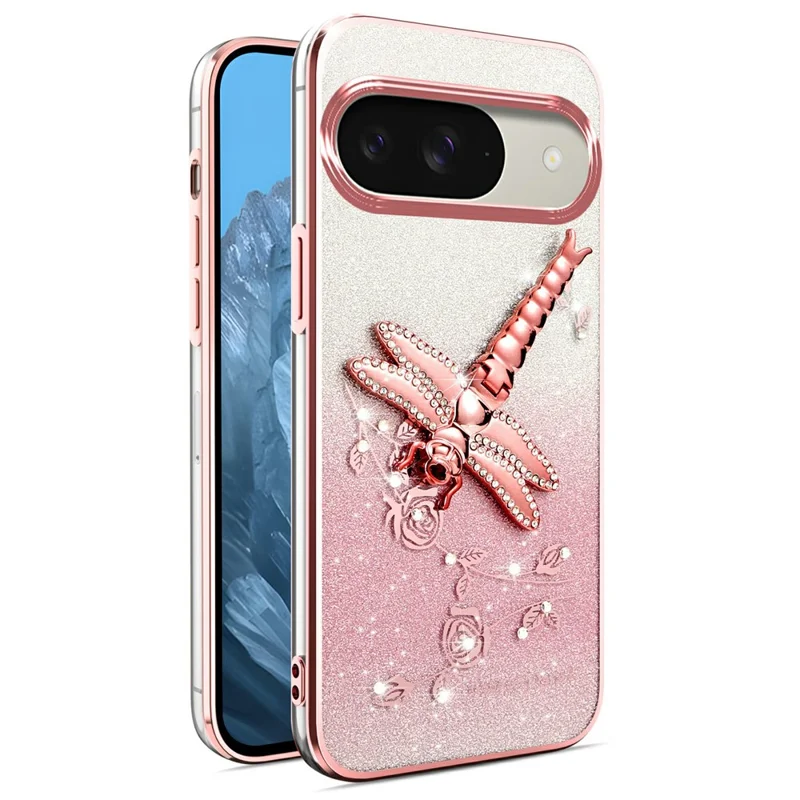 KADEM For Google Pixel 9 Pro  /  Pixel 9 Case Dragonfly Kickstand TPU Flowers Glitter Phone Cover - Pink