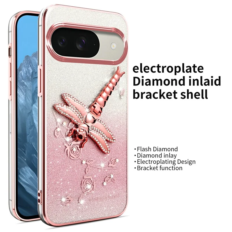 KADEM For Google Pixel 9 Pro  /  Pixel 9 Case Dragonfly Kickstand TPU Flowers Glitter Phone Cover - Pink