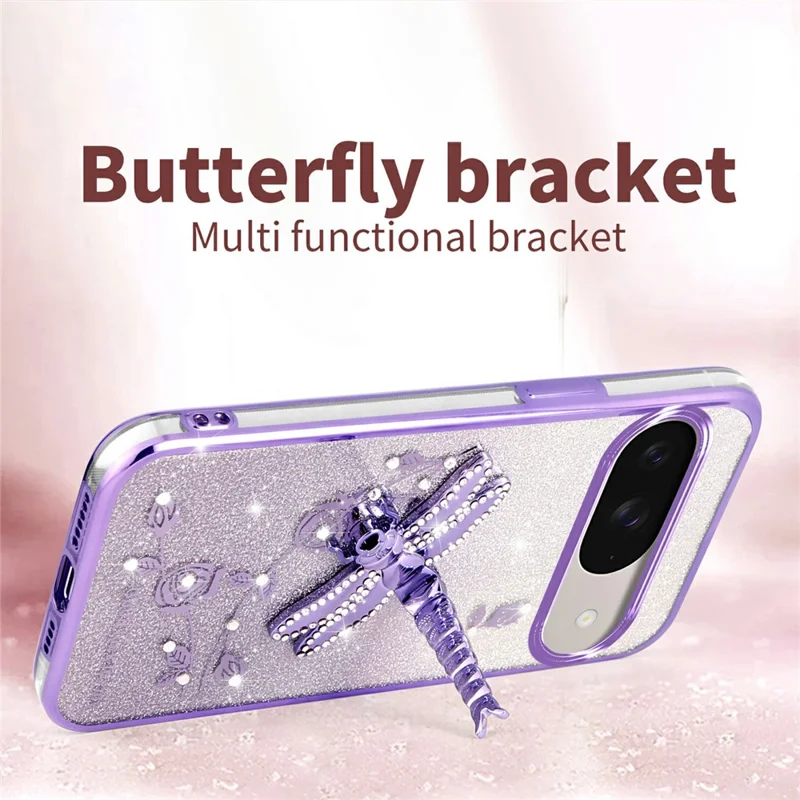 KADEM For Google Pixel 9 Pro  /  Pixel 9 Case Dragonfly Kickstand TPU Flowers Glitter Phone Cover - Pink