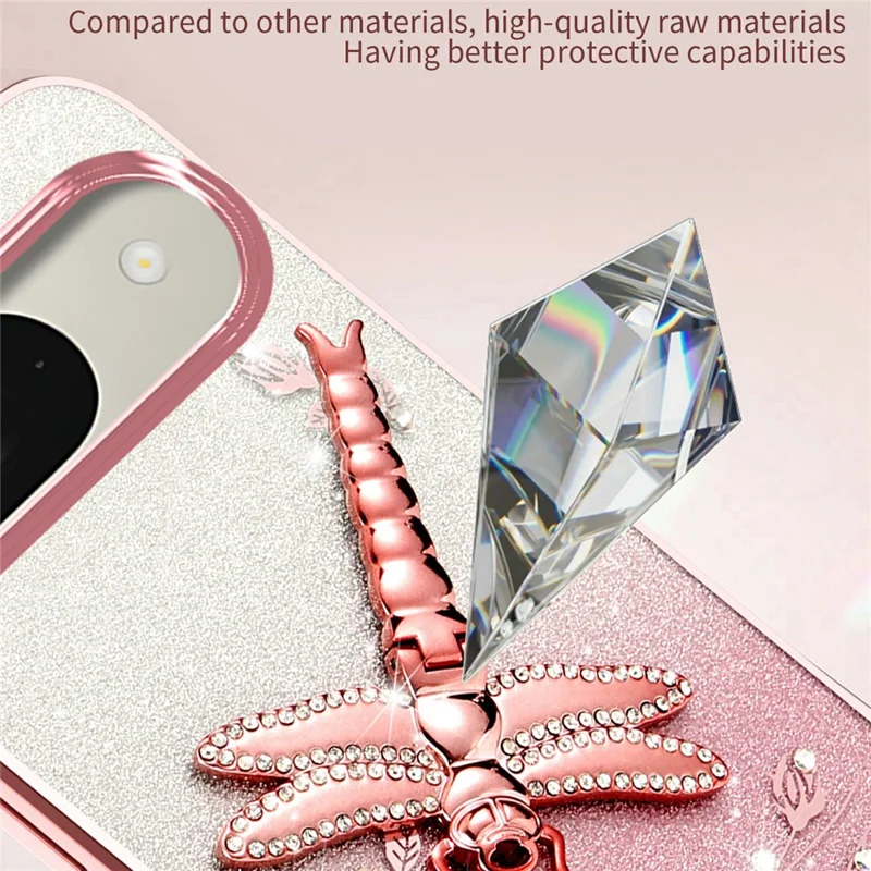 KADEM For Google Pixel 9 Pro  /  Pixel 9 Case Dragonfly Kickstand TPU Flowers Glitter Phone Cover - Pink