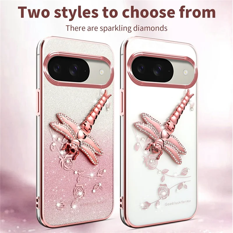 KADEM For Google Pixel 9 Pro  /  Pixel 9 Case Dragonfly Kickstand TPU Flowers Glitter Phone Cover - Pink