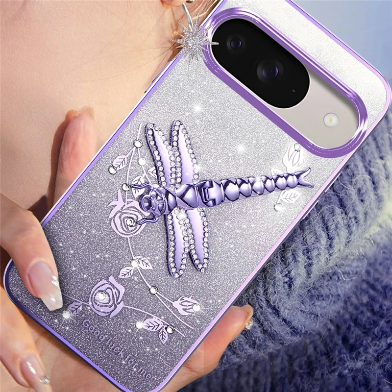 KADEM For Google Pixel 9 Pro  /  Pixel 9 Case Dragonfly Kickstand TPU Flowers Glitter Phone Cover - Pink