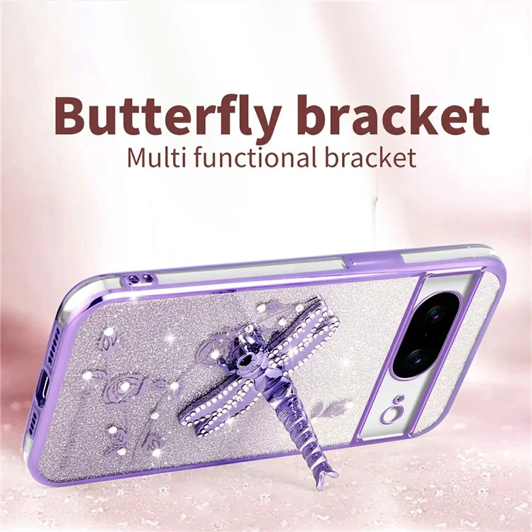 KADEM For Google Pixel 8 Case Dragonfly Kickstand TPU Flowers Glitter Phone Cover - Pink