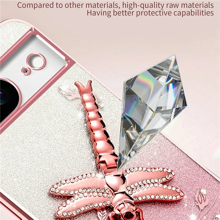 KADEM For Google Pixel 8 Case Dragonfly Kickstand TPU Flowers Glitter Phone Cover - Pink