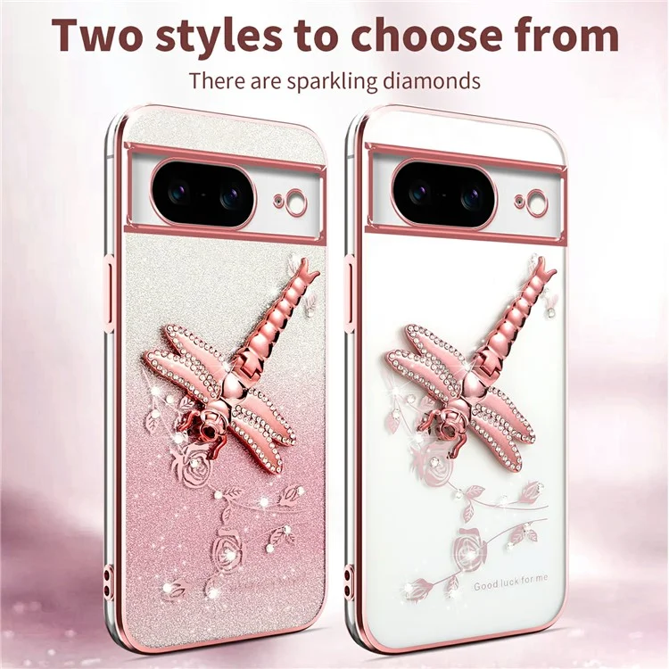 KADEM For Google Pixel 8 Case Dragonfly Kickstand TPU Flowers Glitter Phone Cover - Pink