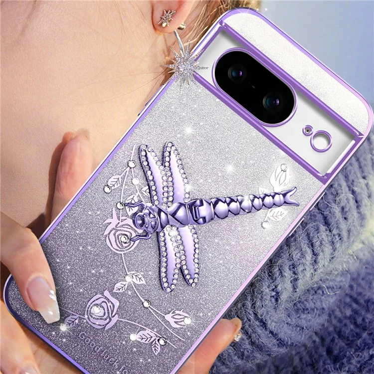 KADEM For Google Pixel 8 Case Dragonfly Kickstand TPU Flowers Glitter Phone Cover - Pink