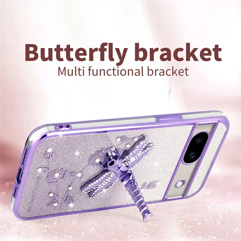 KADEM For Google Pixel 8a Case Dragonfly Kickstand TPU Flowers Glitter Phone Cover - Pink