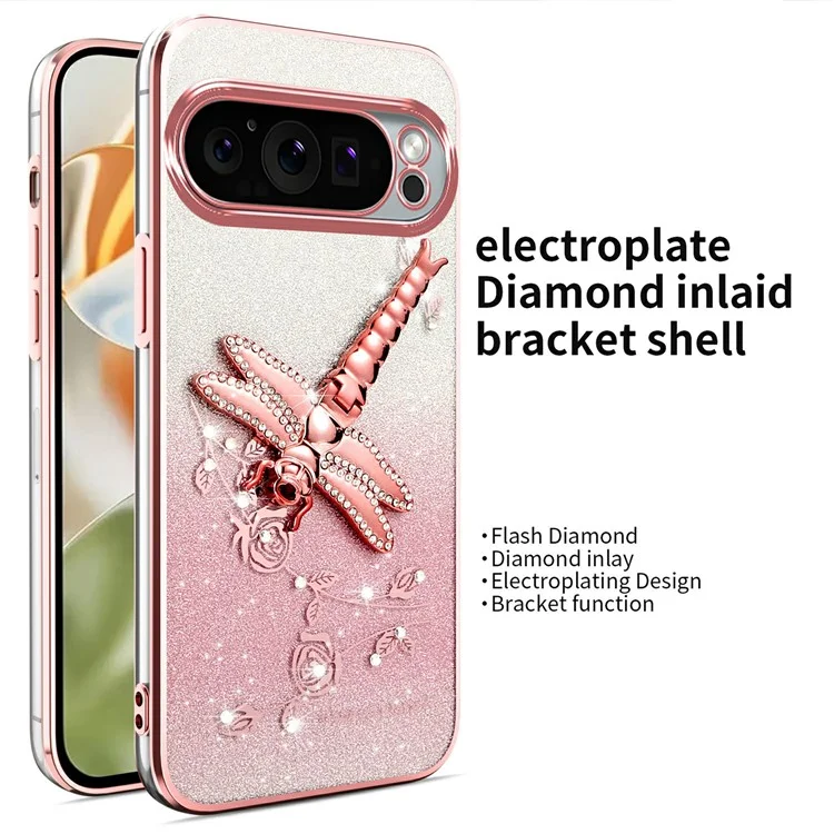 Coque KADEM pour Google Pixel 9 Pro XL avec support pliable, fleurs scintillantes en TPU - Rose