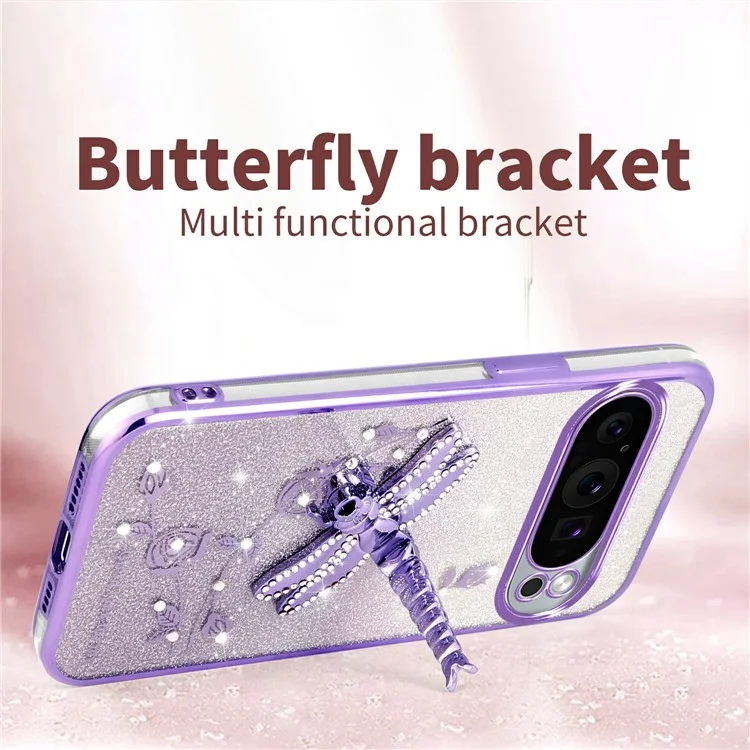 Coque KADEM pour Google Pixel 9 Pro XL avec support pliable, fleurs scintillantes en TPU - Rose