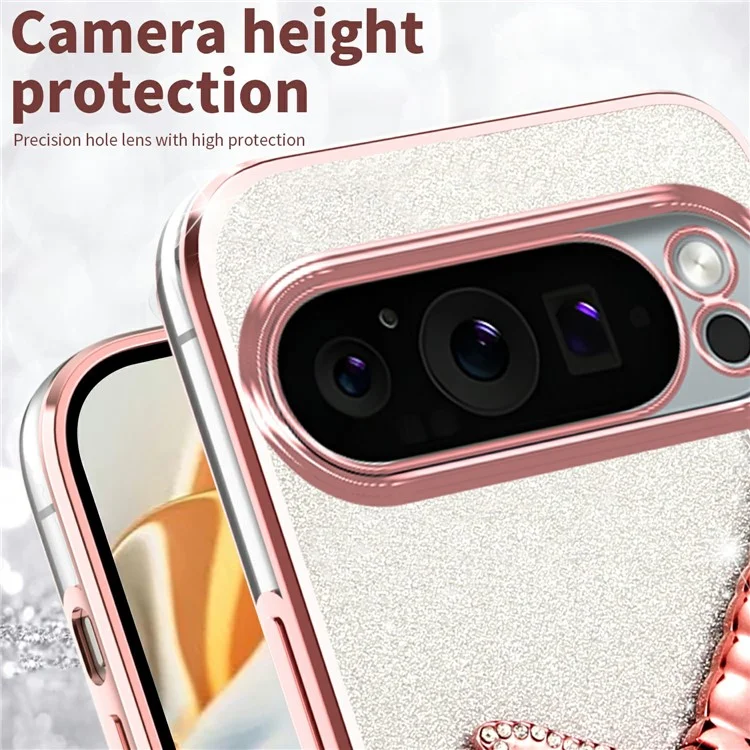Coque KADEM pour Google Pixel 9 Pro XL avec support pliable, fleurs scintillantes en TPU - Rose