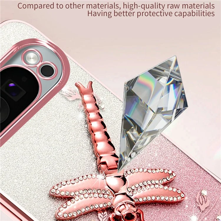 Coque KADEM pour Google Pixel 9 Pro XL avec support pliable, fleurs scintillantes en TPU - Rose
