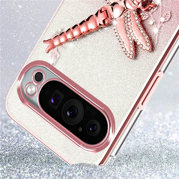 Coque KADEM pour Google Pixel 9 Pro XL avec support pliable, fleurs scintillantes en TPU - Rose