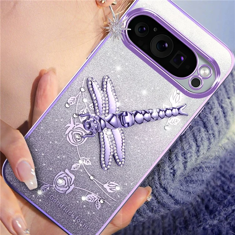 Coque KADEM pour Google Pixel 9 Pro XL avec support pliable, fleurs scintillantes en TPU - Rose