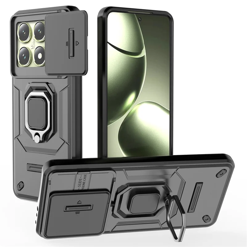 For Xiaomi 14T Case PC+TPU Kickstand Phone Protector with Lens Cover - Black