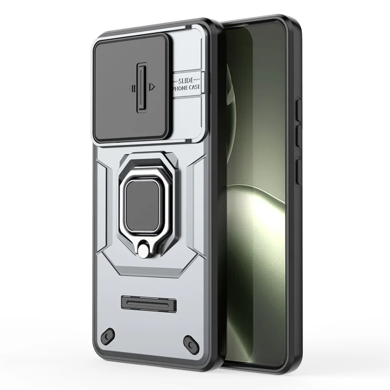 For Xiaomi 14T Case PC+TPU Kickstand Phone Protector with Lens Cover - Black