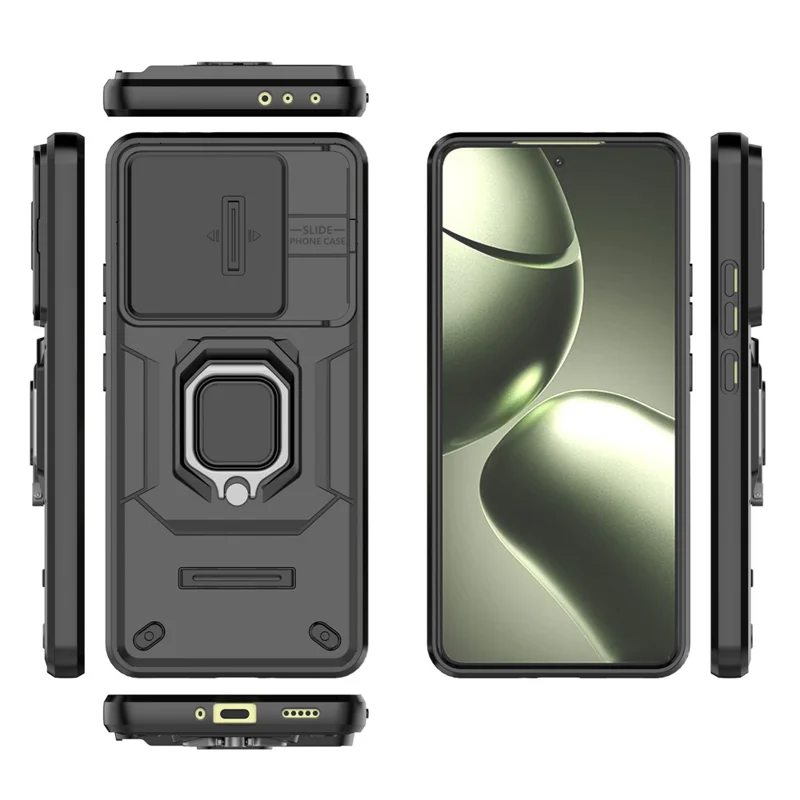 For Xiaomi 14T Case PC+TPU Kickstand Phone Protector with Lens Cover - Black