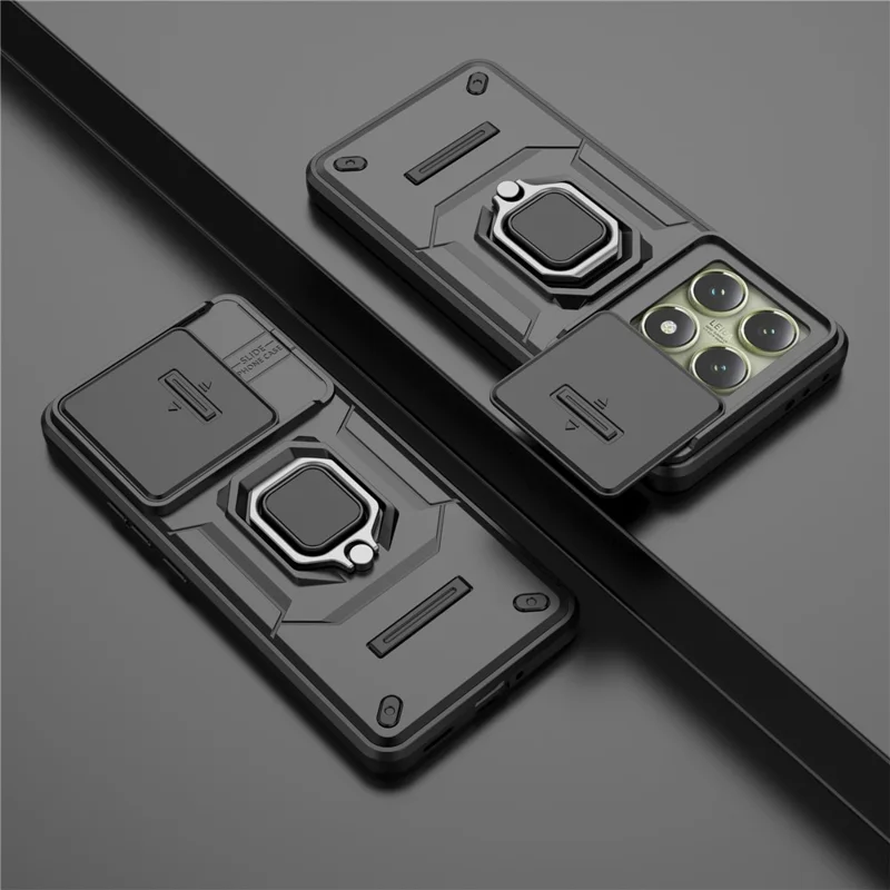 For Xiaomi 14T Case PC+TPU Kickstand Phone Protector with Lens Cover - Black