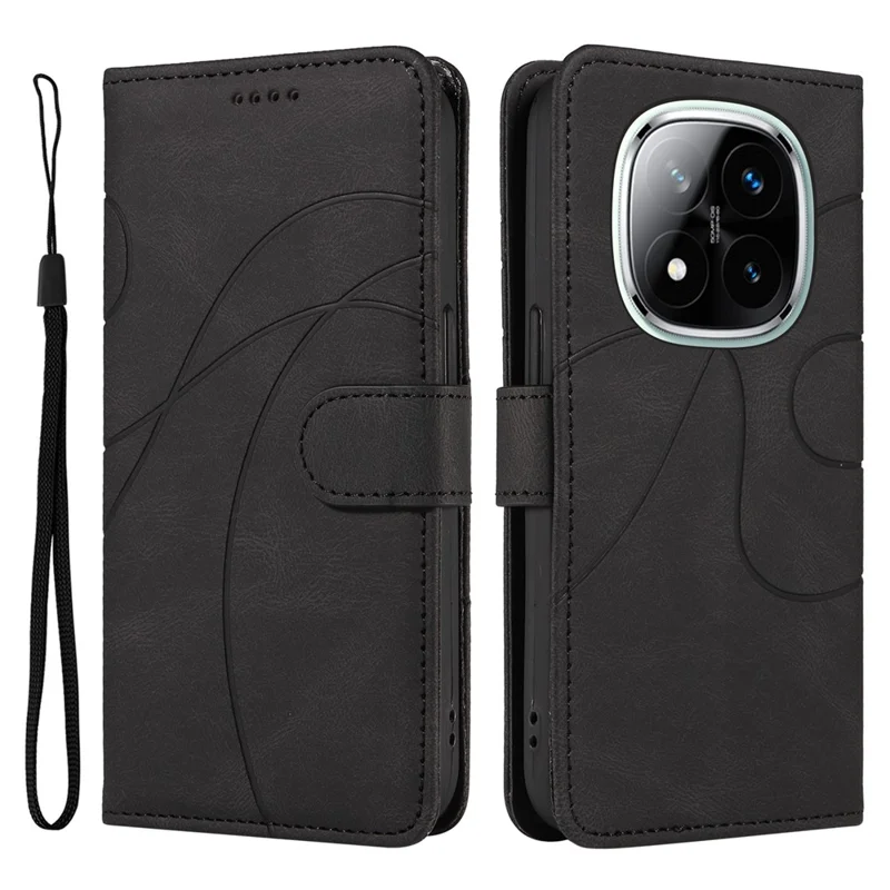 For Xiaomi Redmi Note 14 Pro+ 5G / Note 14 Pro 5G / Poco X7 5G Case Stand Wallet Leather Phone Cover Curved Line Wrist Strap - Black