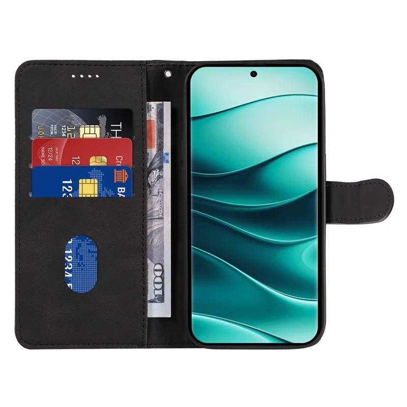 For Xiaomi Redmi Note 14 Pro+ 5G / Note 14 Pro 5G / Poco X7 5G Case Stand Wallet Leather Phone Cover Curved Line Wrist Strap - Black