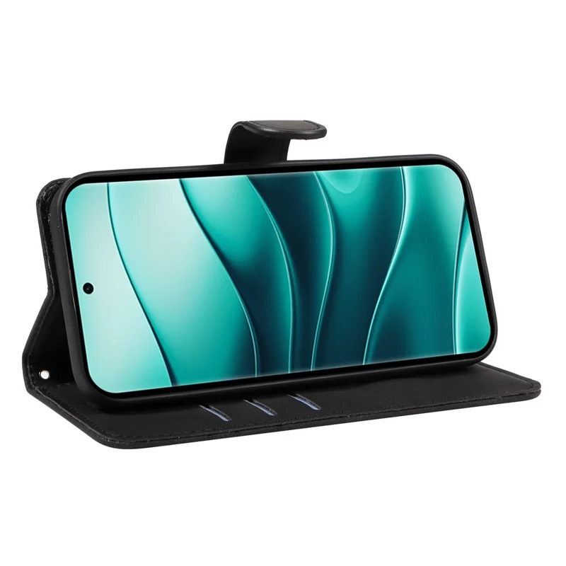 For Xiaomi Redmi Note 14 Pro+ 5G / Note 14 Pro 5G / Poco X7 5G Case Stand Wallet Leather Phone Cover Curved Line Wrist Strap - Black
