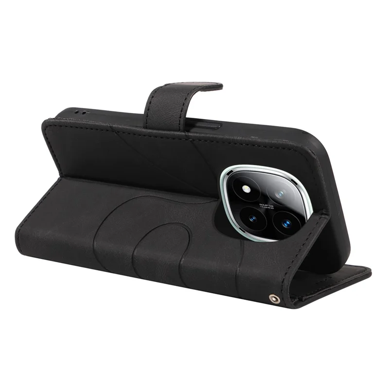 For Xiaomi Redmi Note 14 Pro+ 5G / Note 14 Pro 5G / Poco X7 5G Case Stand Wallet Leather Phone Cover Curved Line Wrist Strap - Black