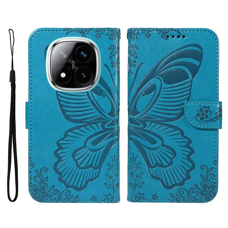 For Xiaomi Redmi Note 14 Pro+ 5G / Note 14 Pro 5G / Poco X7 5G Case Butterfly Pattern Leather Wallet Flip Phone Cover - Blue