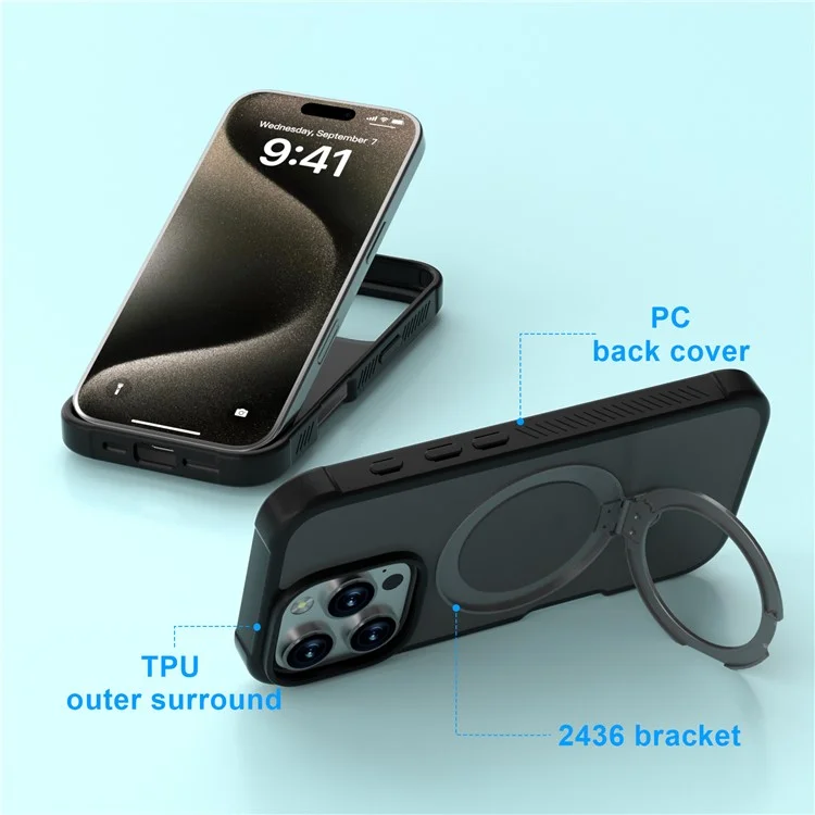 GW20 For iPhone 16 Pro Case Compatible with MagSafe Skin-Touch TPU+PC Kickstand Phone Cover - Black