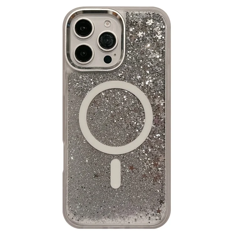 For iPhone 16 Pro Max Case Compatible with MagSafe Glitter Quicksand TPU+PC Phone Cover - Silver