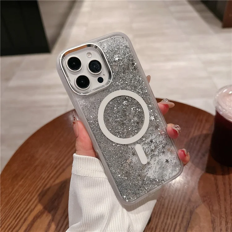 For iPhone 16 Pro Max Case Compatible with MagSafe Glitter Quicksand TPU+PC Phone Cover - Silver
