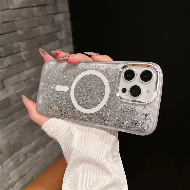 For iPhone 16 Pro Max Case Compatible with MagSafe Glitter Quicksand TPU+PC Phone Cover - Silver