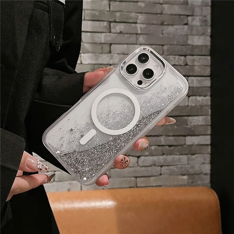 For iPhone 16 Pro Max Case Compatible with MagSafe Glitter Quicksand TPU+PC Phone Cover - Silver
