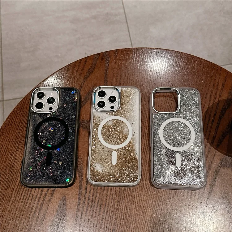 For iPhone 16 Pro Max Case Compatible with MagSafe Glitter Quicksand TPU+PC Phone Cover - Silver