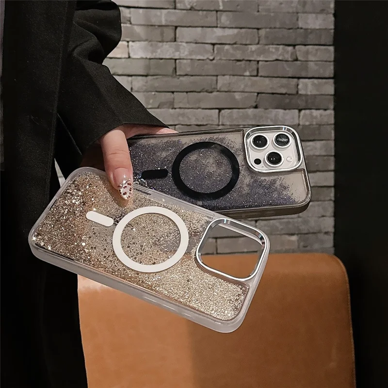 For iPhone 16 Pro Max Case Compatible with MagSafe Glitter Quicksand TPU+PC Phone Cover - Gold
