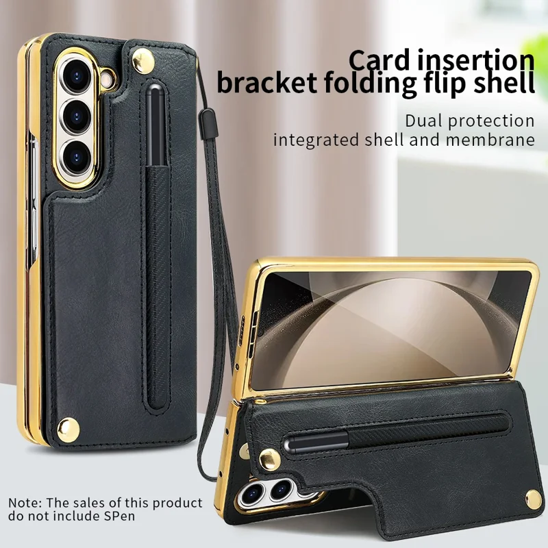 For Samsung Galaxy Z Fold5 5G Case RFID Blocking Card Slot PU+PC Kickstand Phone Cover with Stylus Holder - Black