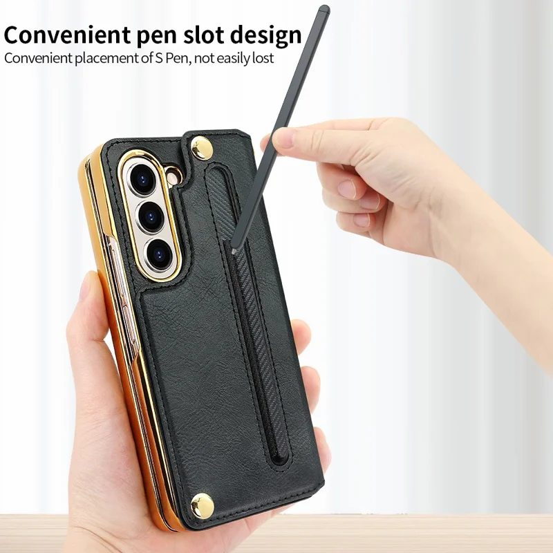 For Samsung Galaxy Z Fold5 5G Case RFID Blocking Card Slot PU+PC Kickstand Phone Cover with Stylus Holder - Black