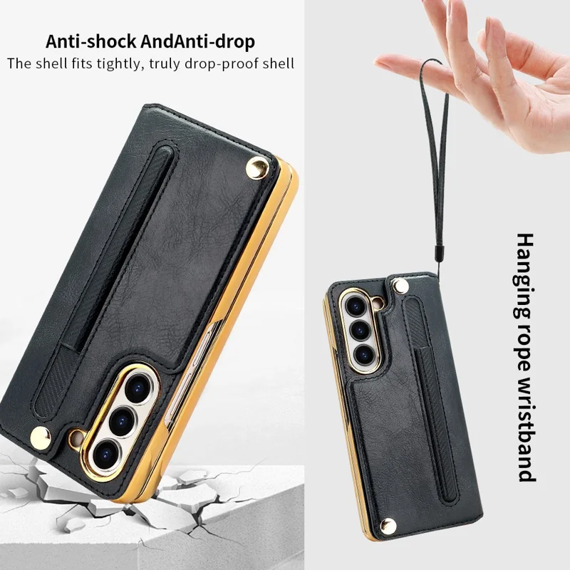 For Samsung Galaxy Z Fold5 5G Case RFID Blocking Card Slot PU+PC Kickstand Phone Cover with Stylus Holder - Black
