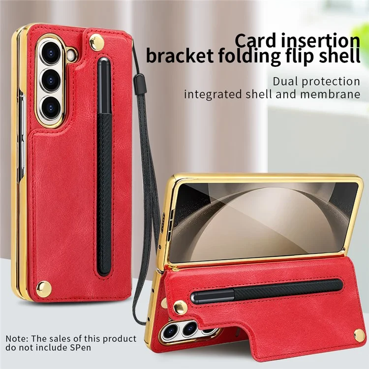 For Samsung Galaxy Z Fold5 5G Case RFID Blocking Card Slot PU+PC Kickstand Phone Cover with Stylus Holder - Red