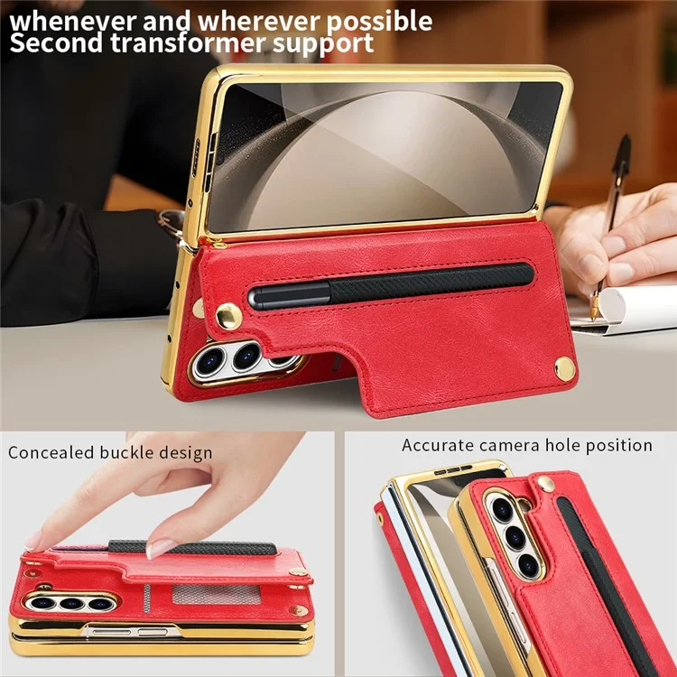 For Samsung Galaxy Z Fold5 5G Case RFID Blocking Card Slot PU+PC Kickstand Phone Cover with Stylus Holder - Red