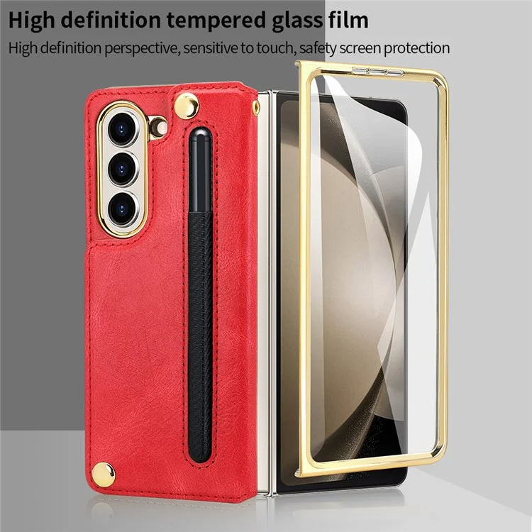 For Samsung Galaxy Z Fold5 5G Case RFID Blocking Card Slot PU+PC Kickstand Phone Cover with Stylus Holder - Red