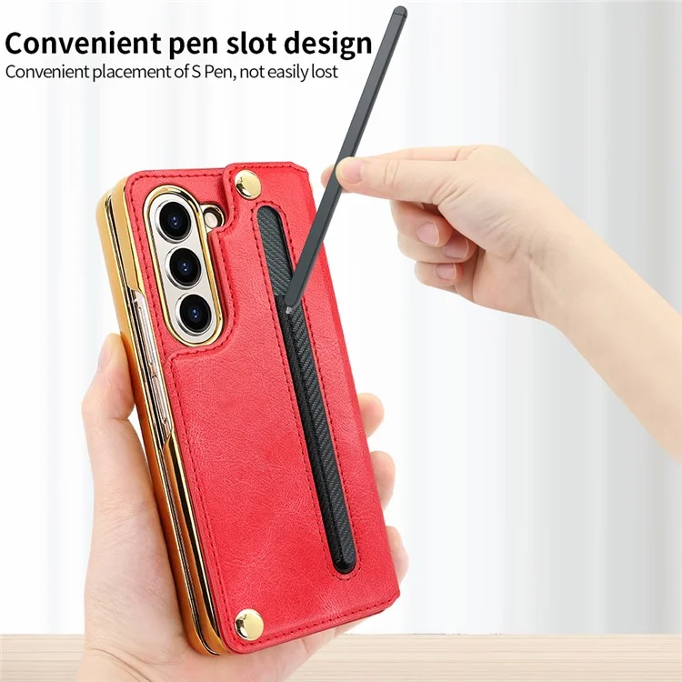 For Samsung Galaxy Z Fold5 5G Case RFID Blocking Card Slot PU+PC Kickstand Phone Cover with Stylus Holder - Red