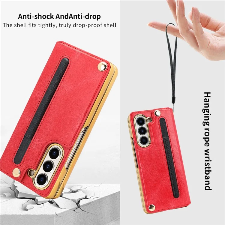 For Samsung Galaxy Z Fold5 5G Case RFID Blocking Card Slot PU+PC Kickstand Phone Cover with Stylus Holder - Red