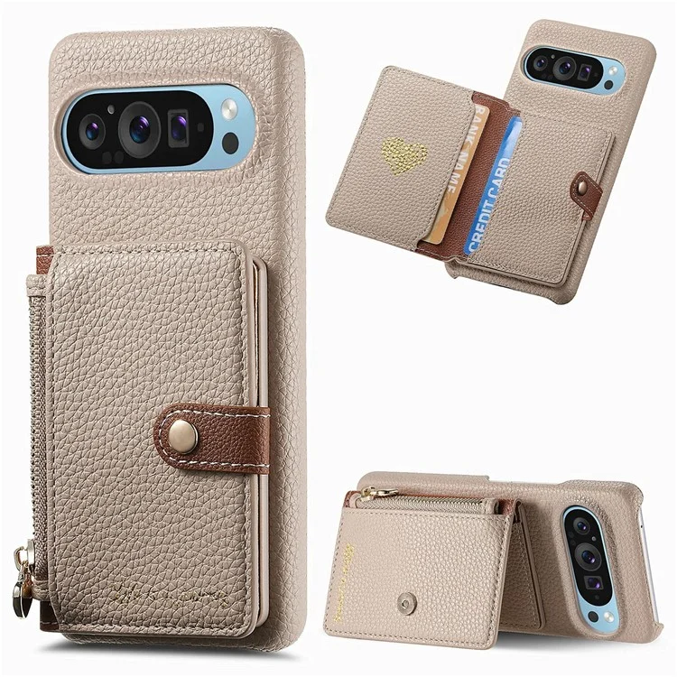Capa para Google Pixel 9 Pro XL Y4 com bolso com zíper, capa de couro para celular, suporte e compartimento para cartões - Cáqui