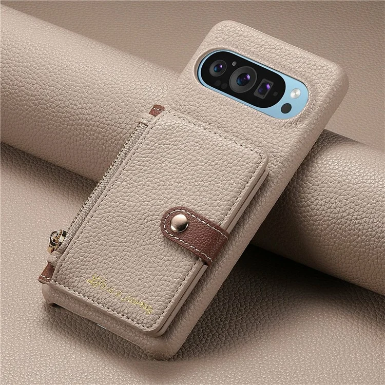 Capa para Google Pixel 9 Pro XL Y4 com bolso com zíper, capa de couro para celular, suporte e compartimento para cartões - Cáqui